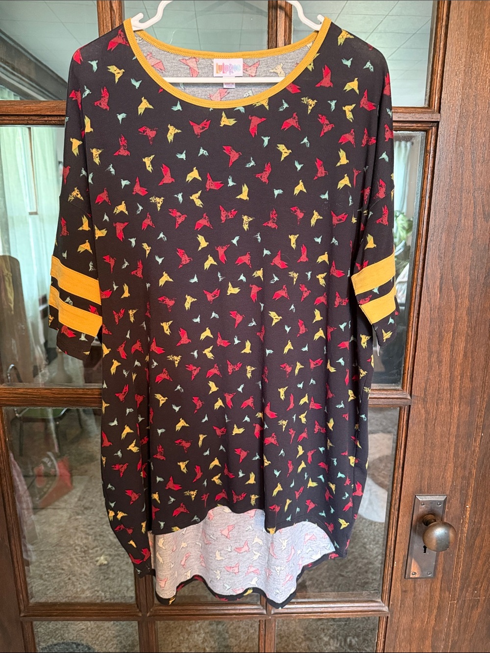 LuLaRoe Black Tunic with Red and Yellow Bird Print